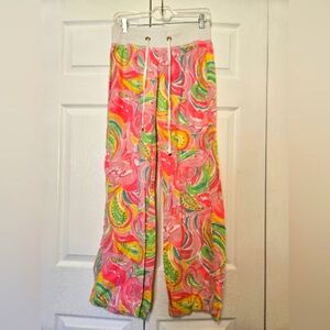 Lilly Pulitzer The Beach Pant Linen Pink Flamingo Print Wide Leg Size S